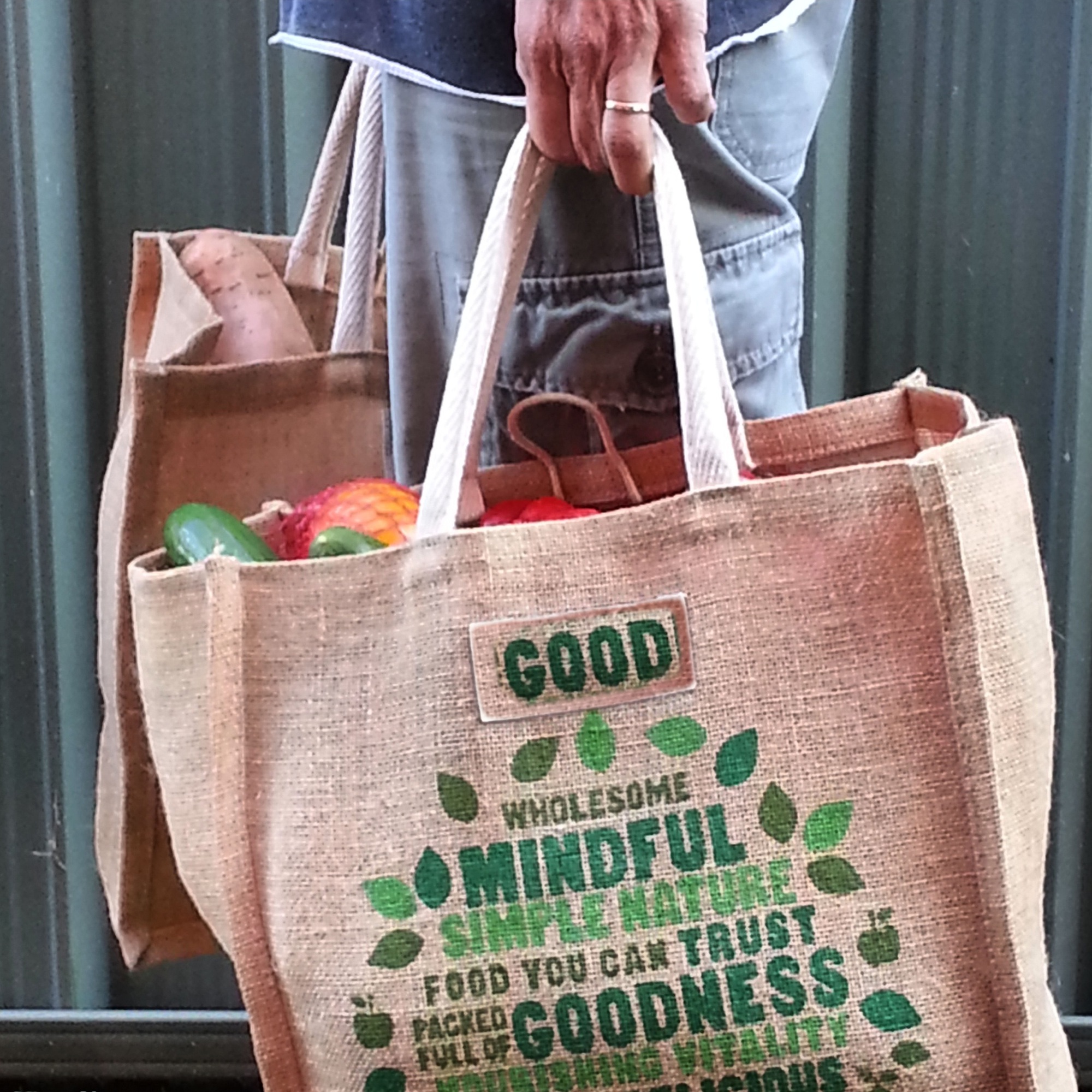 Side view of person carrying environmentally friendly reusable grocery bags with fresh local grown f