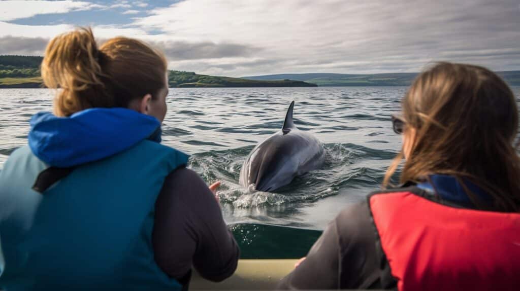 Dolphin watching boat tour: two people observe a wild dolphin surfacing off a scenic coastal bay